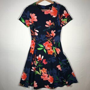 DKNY Women's 0 XS Blue Floral Short Sleeve Fit and Flare Unlined Dress
